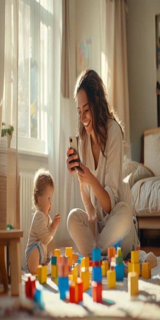Cena gerada por IA: creator sorrindo filma com o celular enquanto a criança brinca com blocos coloridos na sala
